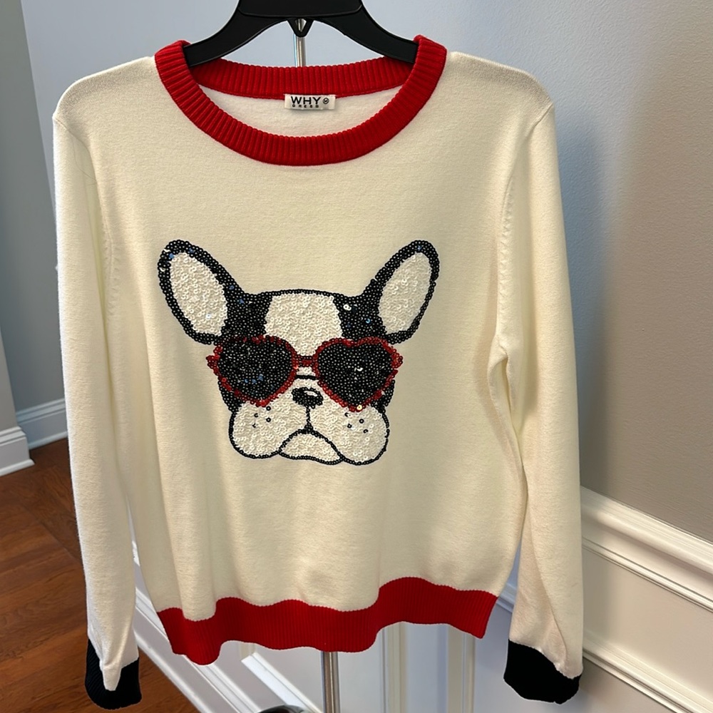 Why Dress sweater with dog and heart glasses size medium